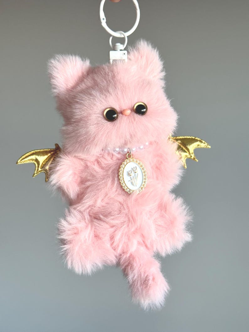 Golden Wing Pink Cat Charm: Poseable Handmade Accessory