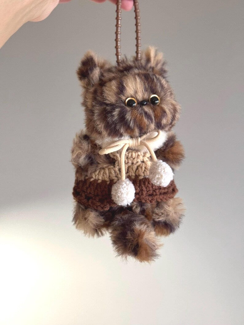 Handmade Furry Cat Charm: Knitted Outfit, Soft Plush Kitty