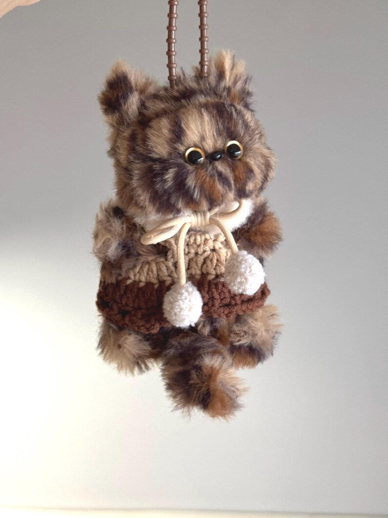 Handmade Furry Cat Charm: Knitted Outfit, Soft Plush Kitty