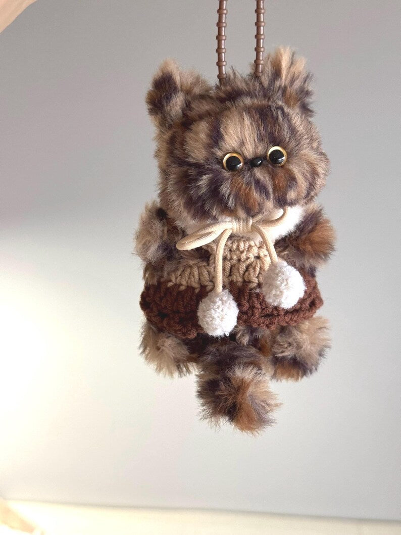 Handmade Furry Cat Charm: Knitted Outfit, Soft Plush Kitty