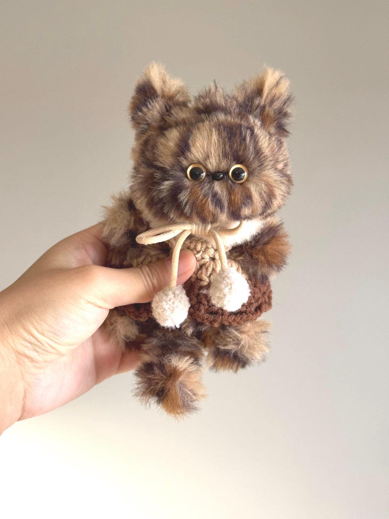 Handmade Furry Cat Charm: Knitted Outfit, Soft Plush Kitty