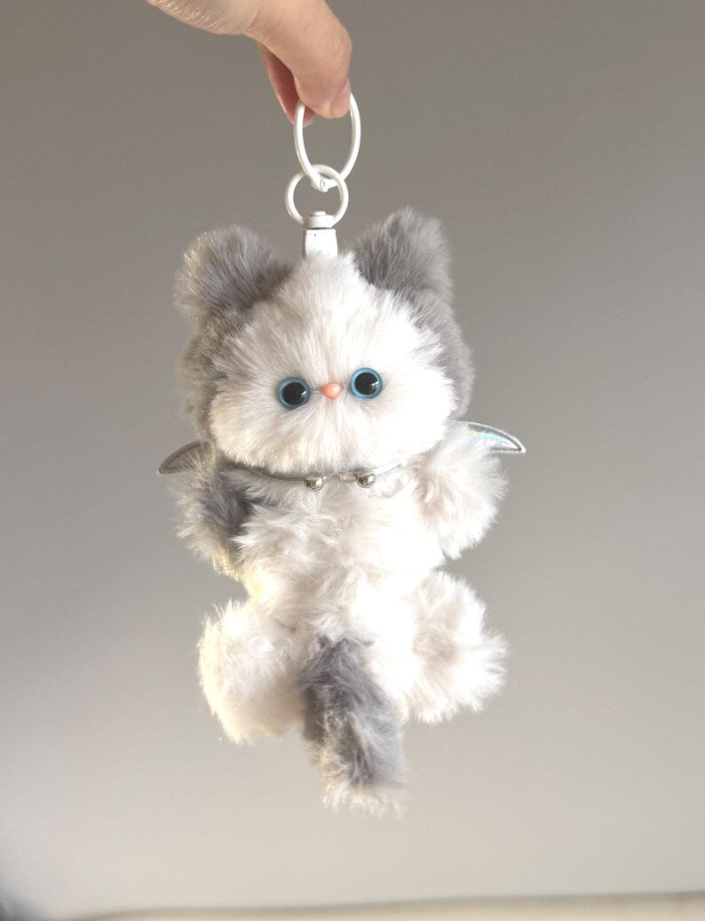 Fluffy Bicolor Bat-Cat: Silver Wing Bag Charm