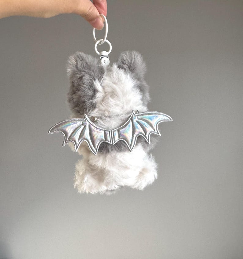 Fluffy Bicolor Bat-Cat: Silver Wing Bag Charm