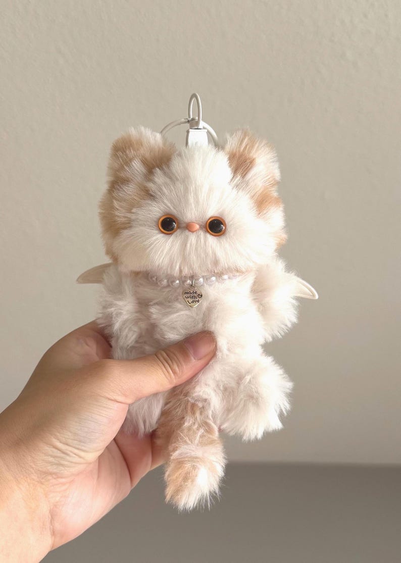 Fluffy Bicolor Cat Charm: Handmade Winged Kitty