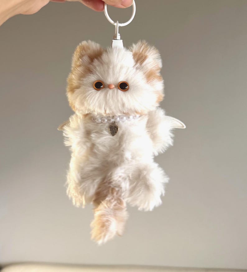 Fluffy Bicolor Cat Charm: Handmade Winged Kitty