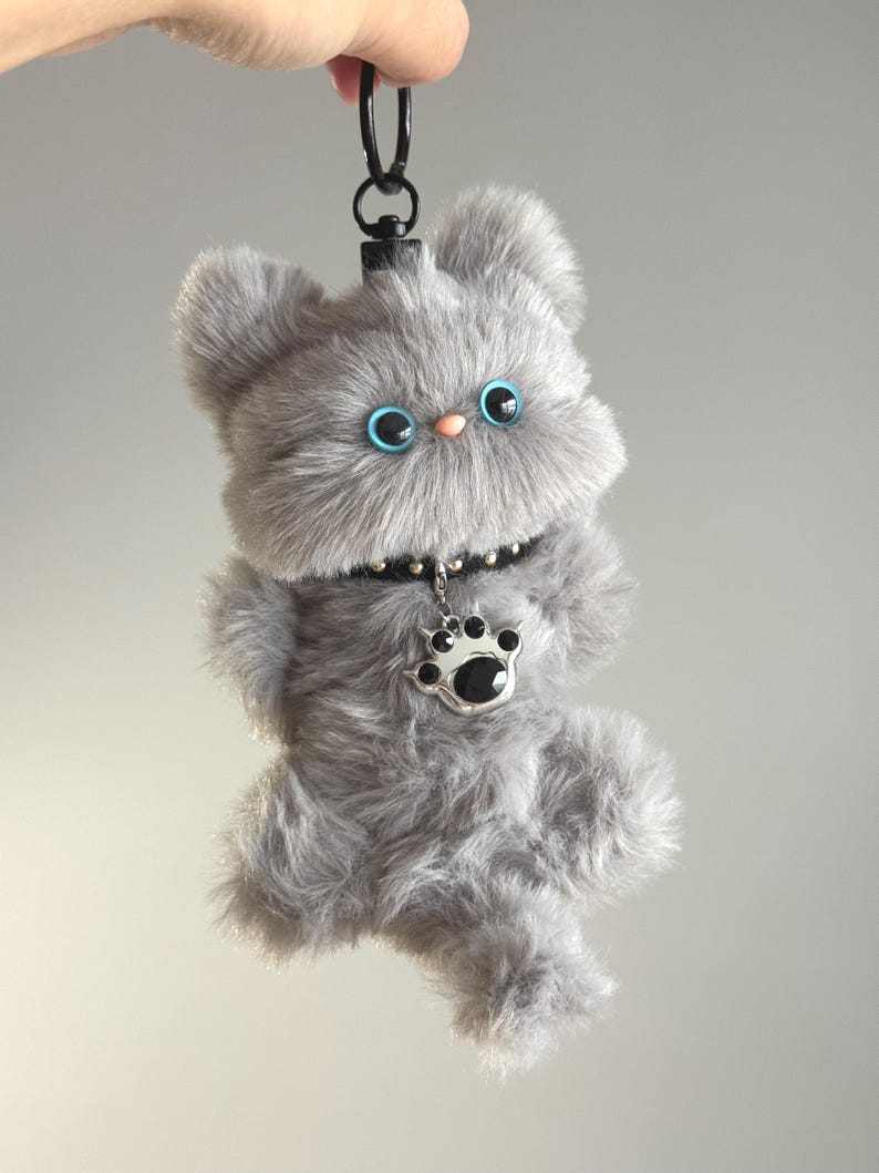 Handmade Furry Gray Cat Keychain: Plush Smoky Charm Kitty