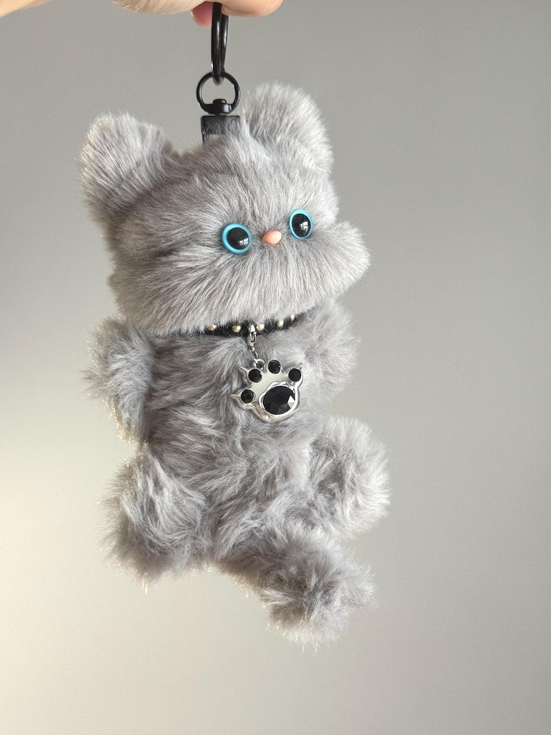 Handmade Furry Gray Cat Keychain: Plush Smoky Charm Kitty