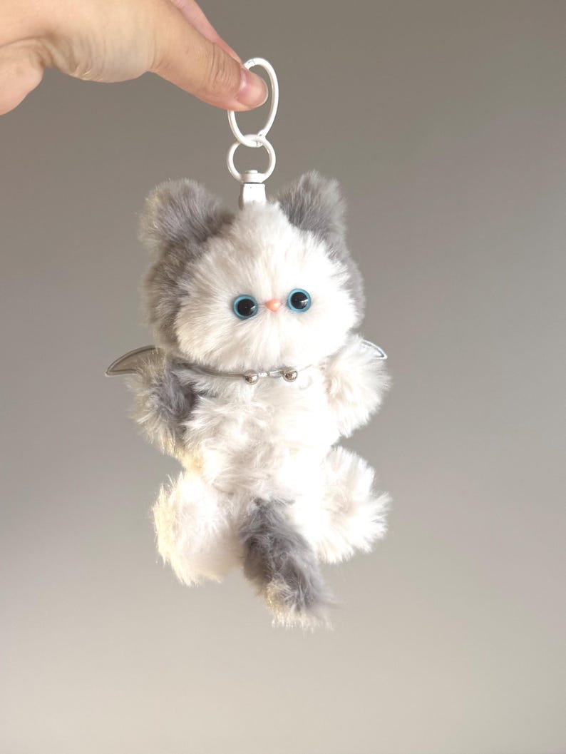 Fluffy Bicolor Bat-Cat: Silver Wing Bag Charm