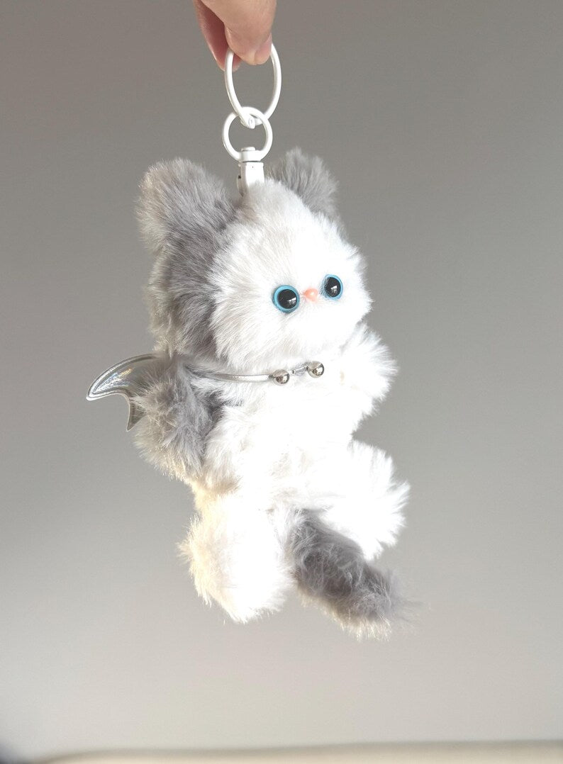 Fluffy Bicolor Bat-Cat: Silver Wing Bag Charm