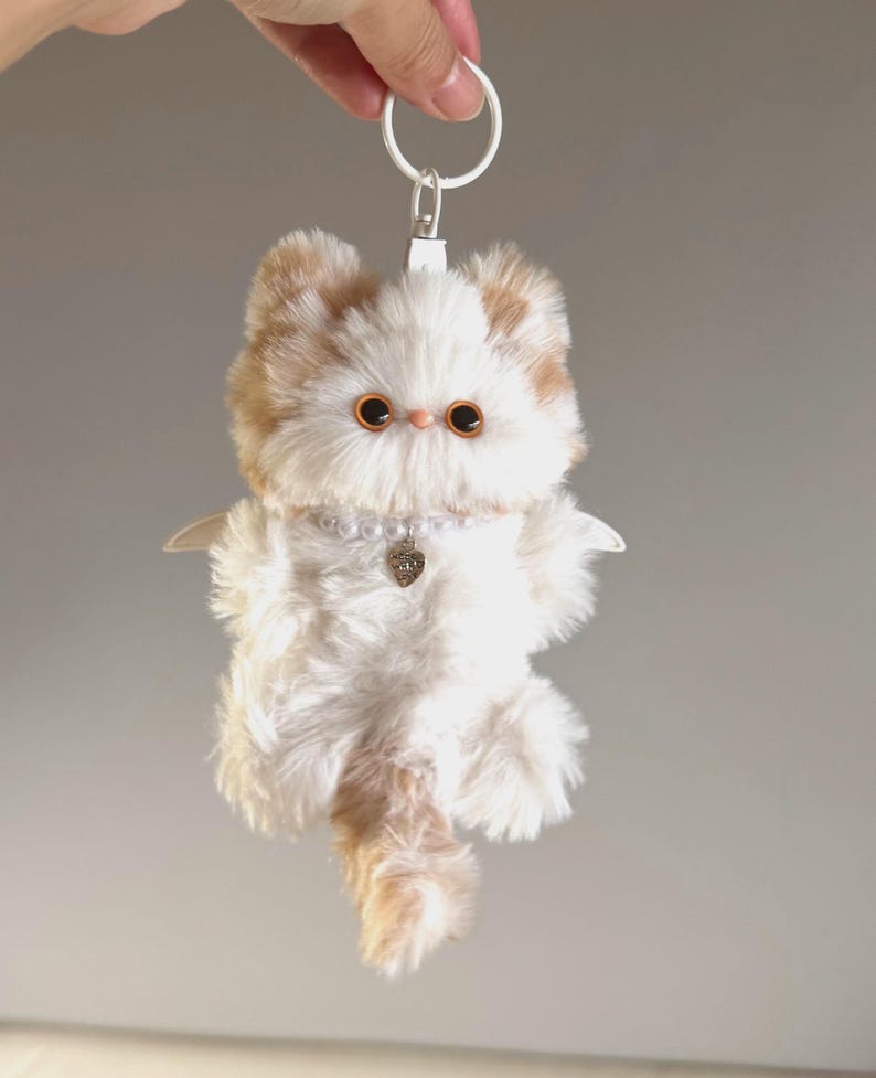 Fluffy Bicolor Cat Charm: Handmade Winged Kitty