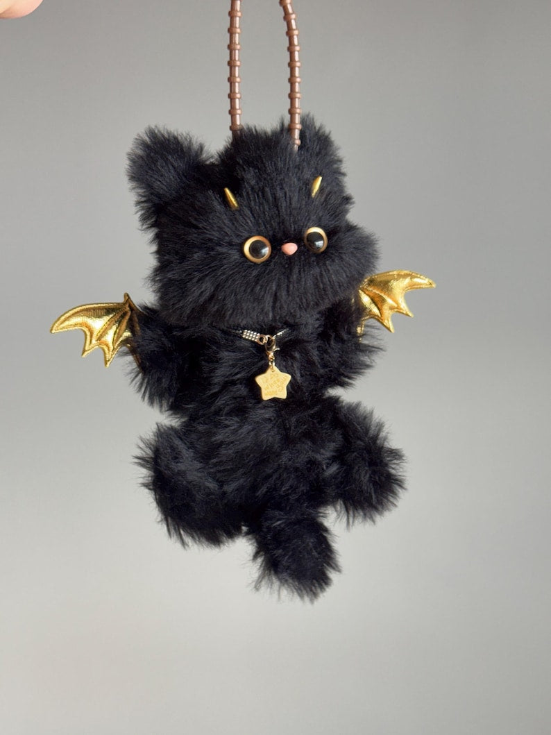 Golden Batwing Black Cat Charm: Poseable Handmade Accessory