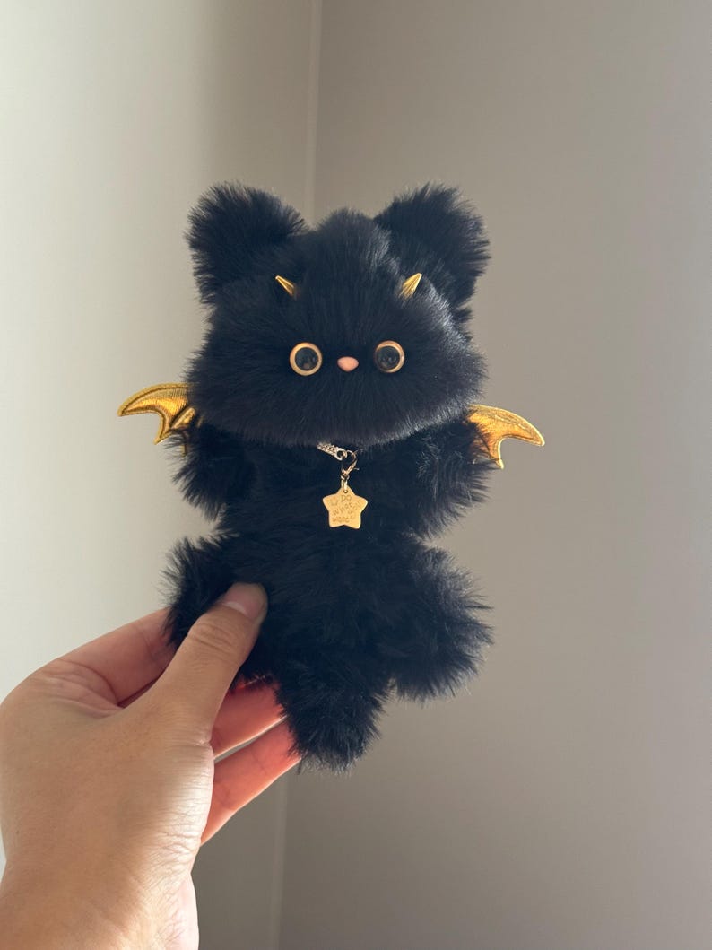 Golden Batwing Black Cat Charm: Poseable Handmade Accessory