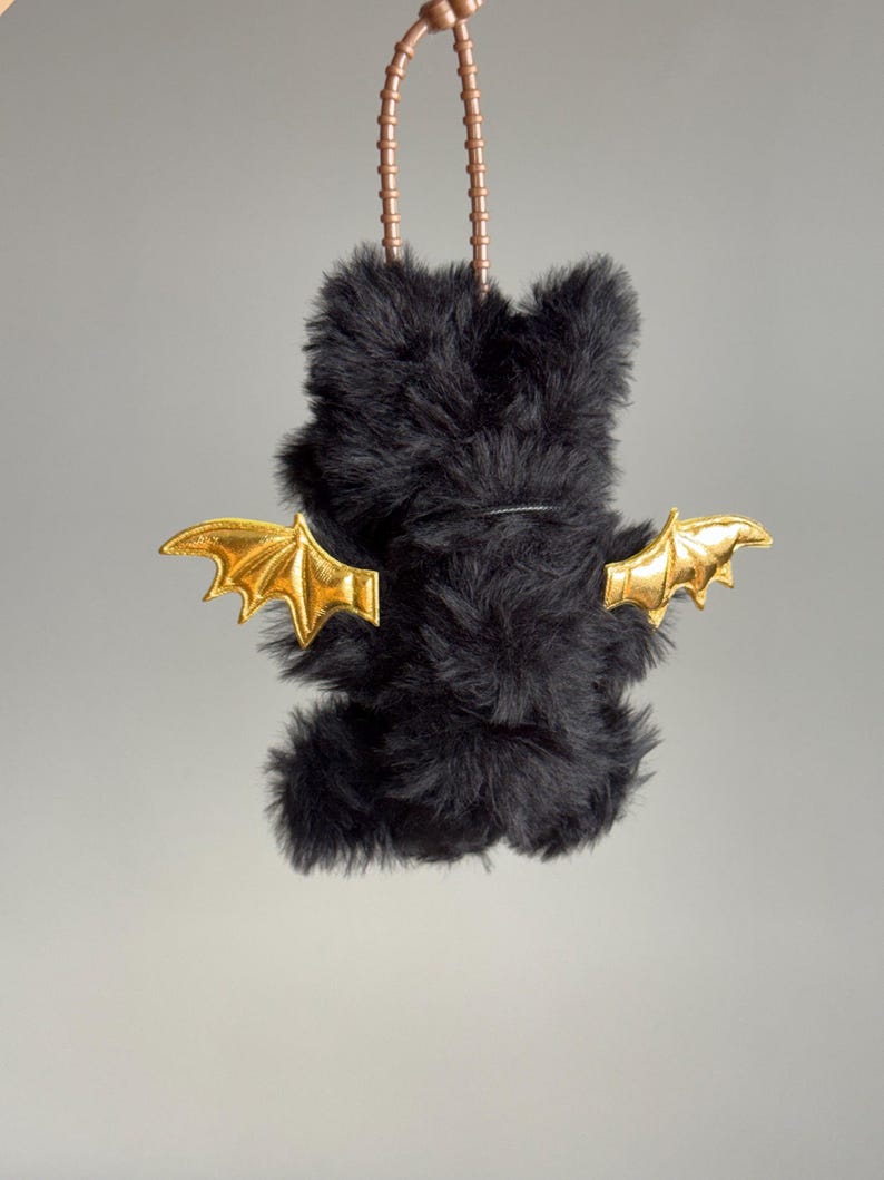 Golden Batwing Black Cat Charm: Poseable Handmade Accessory