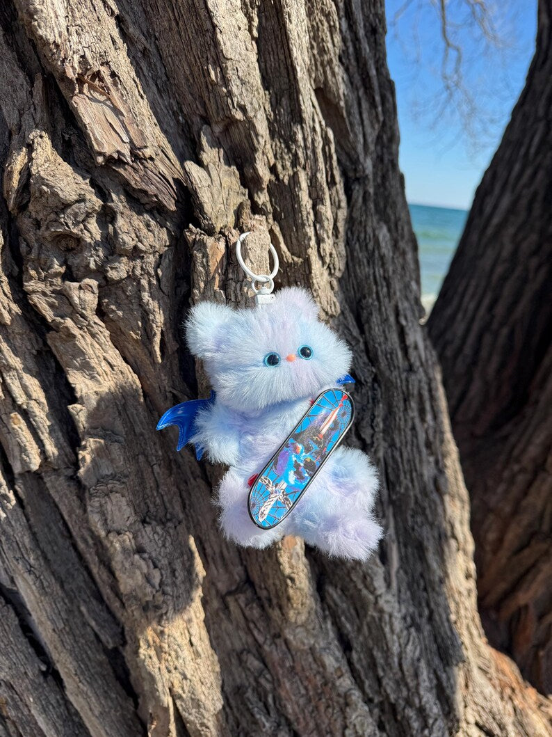 Azure Skater Sprite: Handmade Bat Kitty Charm